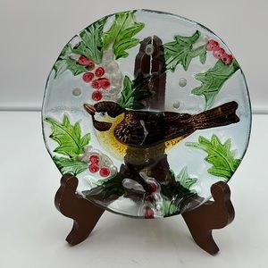 Fused Glass Bird Plate with Holly Berries